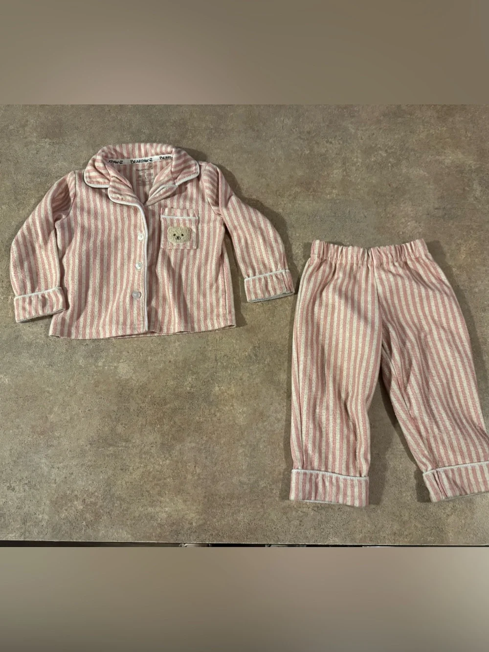 BearPaw Pink and White Striped Kids Pajama Set with Bear Pocket Girls 18M